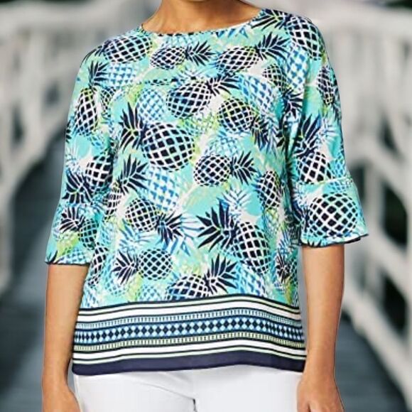PAPPAGALLO WOMENS THE ASHLYN TOP BLOUSE PINEAPPLE PRINT BELL SLEEVES EXTRA LARGE - Picture 6 of 8
